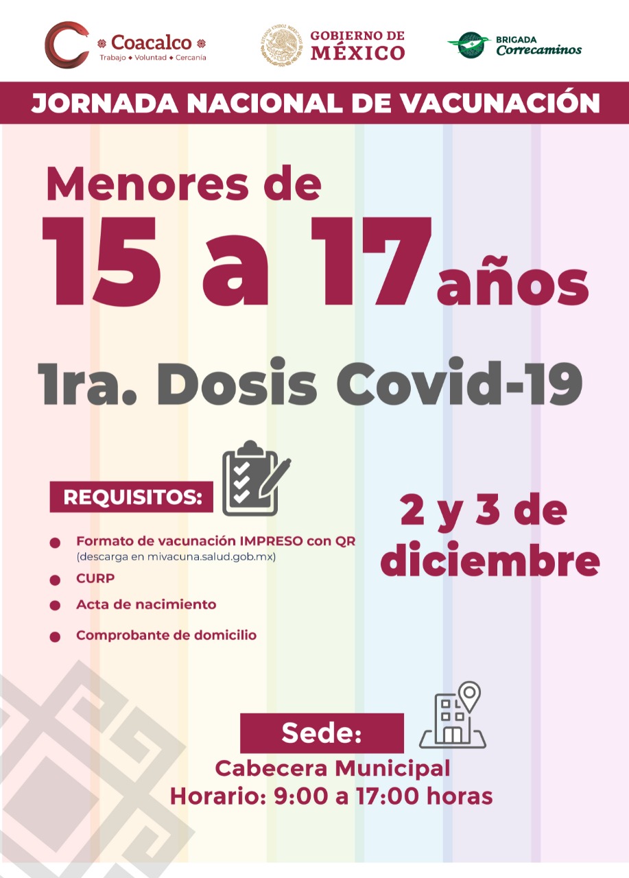 TENDRÁ COACALCO VACUNACIÓN PARA MENORES DE 15 A 17 AÑOS SIN COMORBILIDAD LOS DÍAS 2 Y 3 DE DICIEMBRE