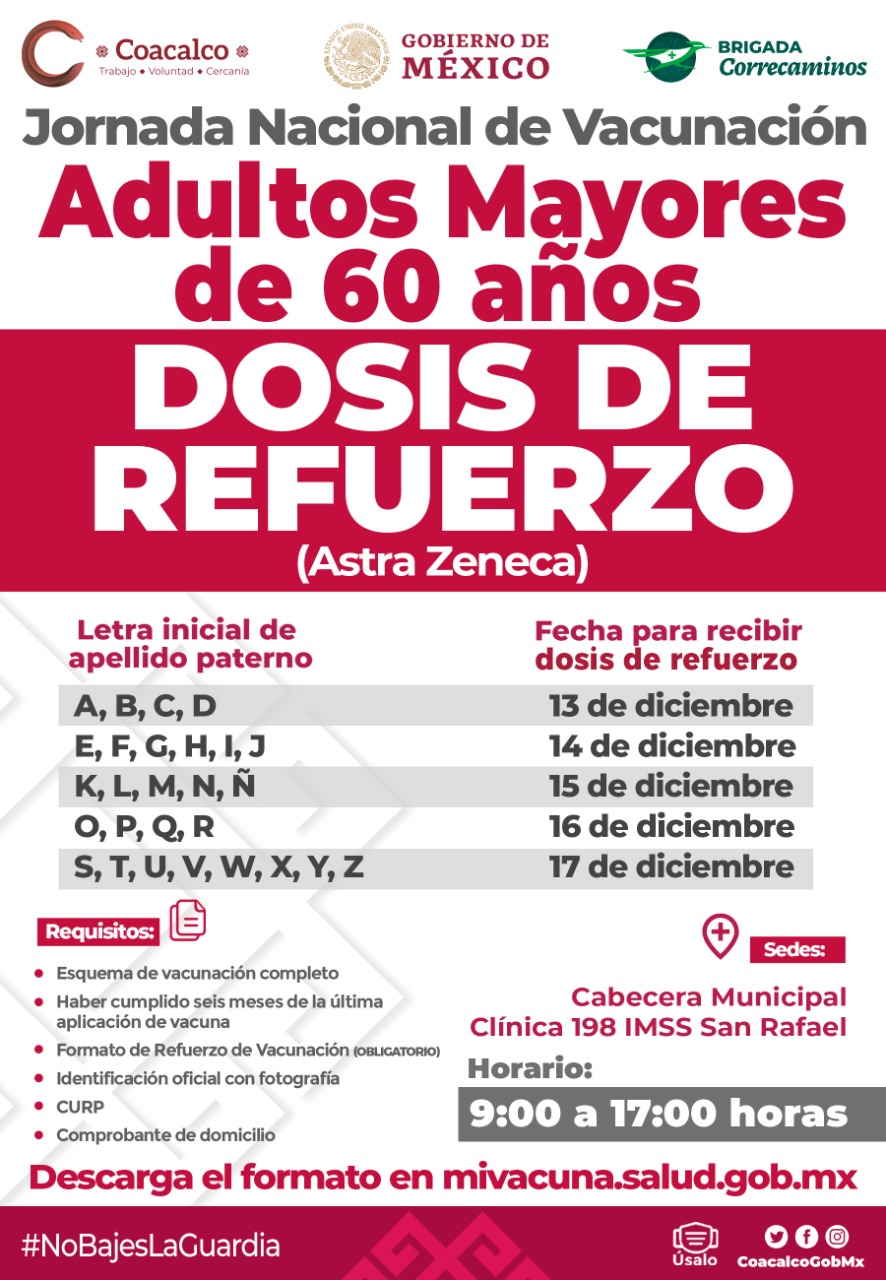 EL 13 DE DICIEMBRE INICIA, EN COACALCO, APLICACIÓN DE DOSIS DE REFUERZO PARA GRUPO DE 60 Y MÁS