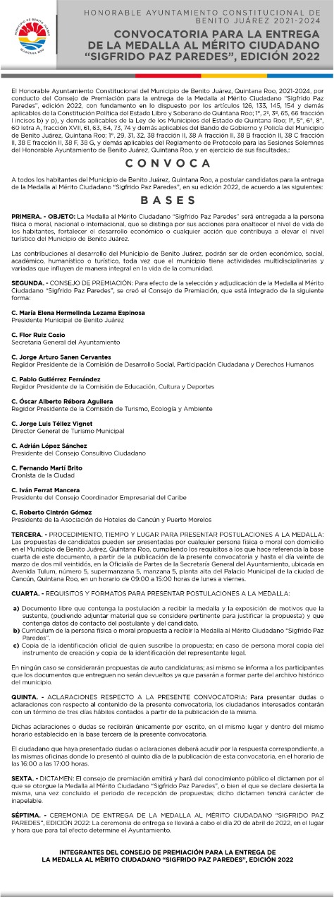 CONTINÚA CONVOCATORIA DE ASPIRANTES A MEDALLA AL MÉRITO CIUDADANO