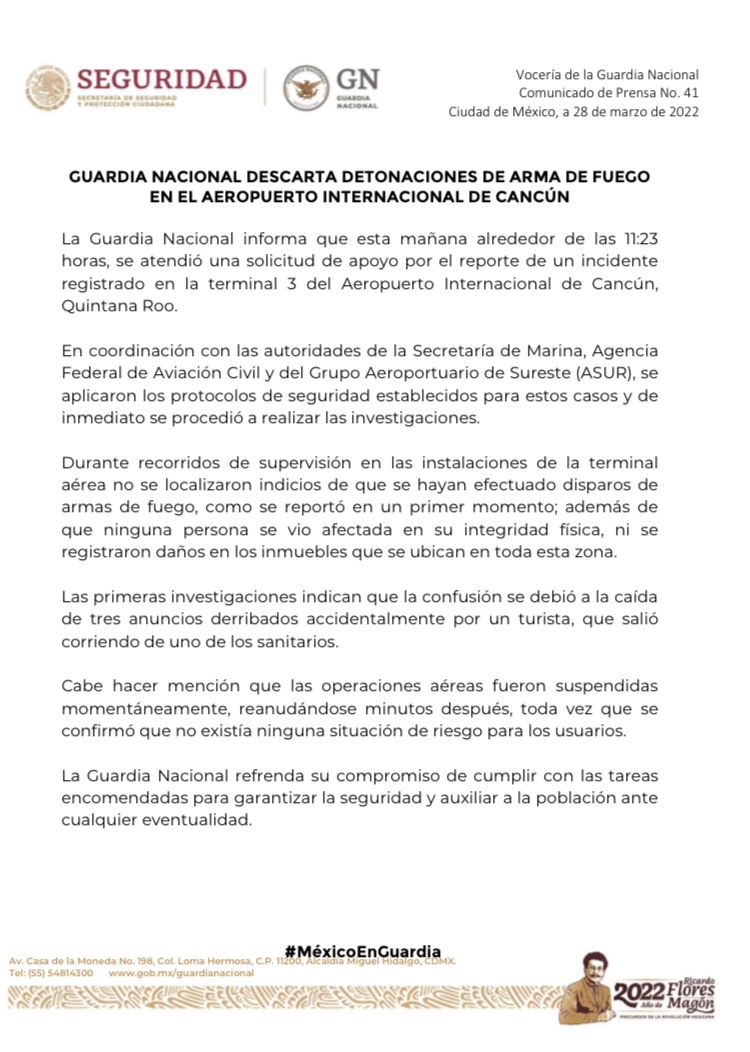 ATENTO COMUNICADO: GUARDIA NACIONAL DESCARTA DETONACIONES DE ARMA DE FUEGO EN EL AEROPUERTO INTERNACIONAL DE CANCÚN