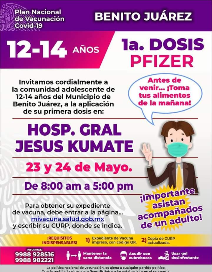 AMPLÍAN DOS DÍAS DE VACUNACIÓN PARA ADOLESCENTES DE 12 A 14 AÑOS EN CANCÚN
